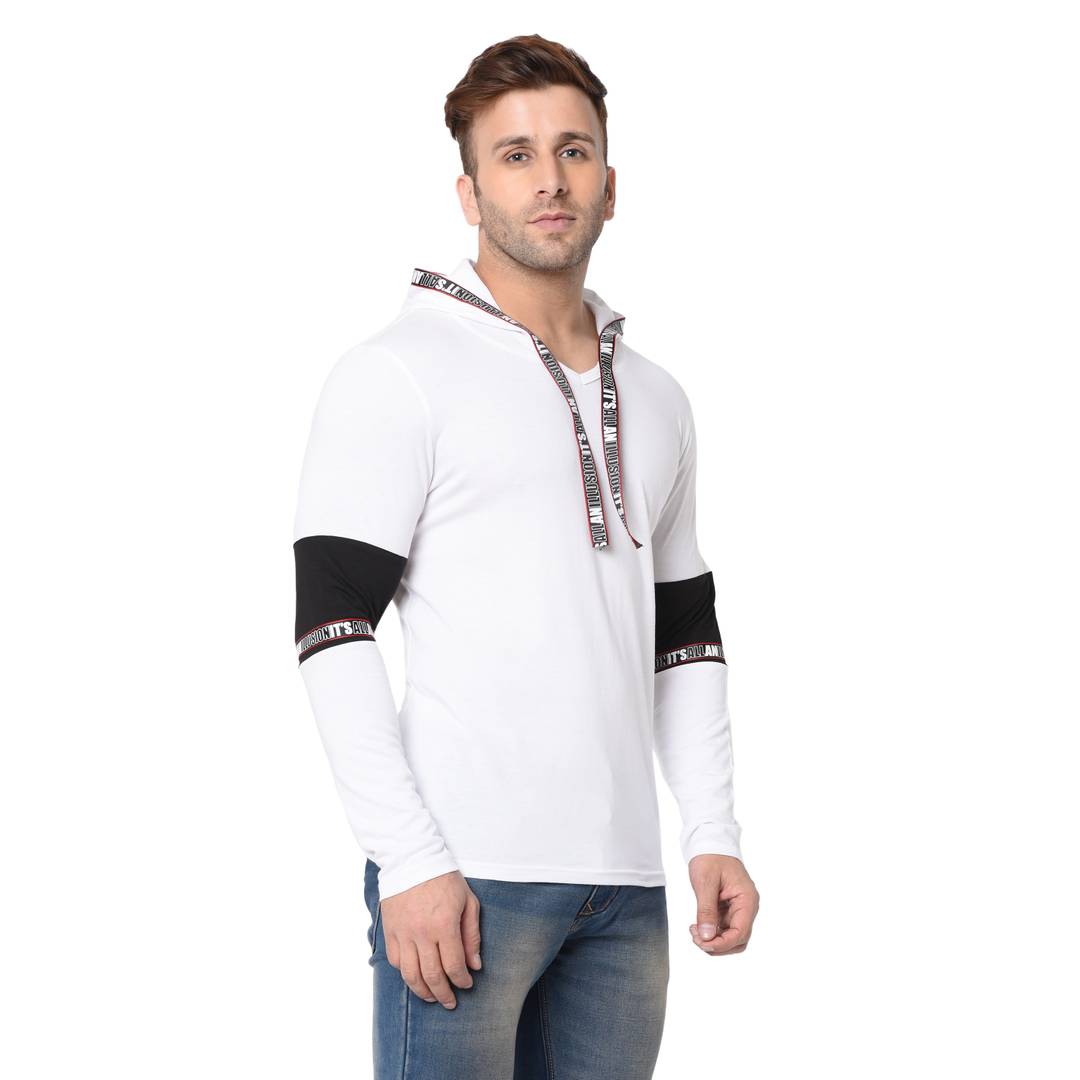 Men's White Typography Cotton Self Pattern Hooded T-Shirt