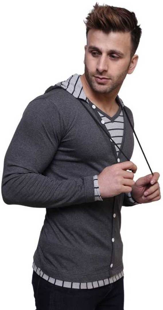 Men's Grey Cotton Solid Hooded Tees