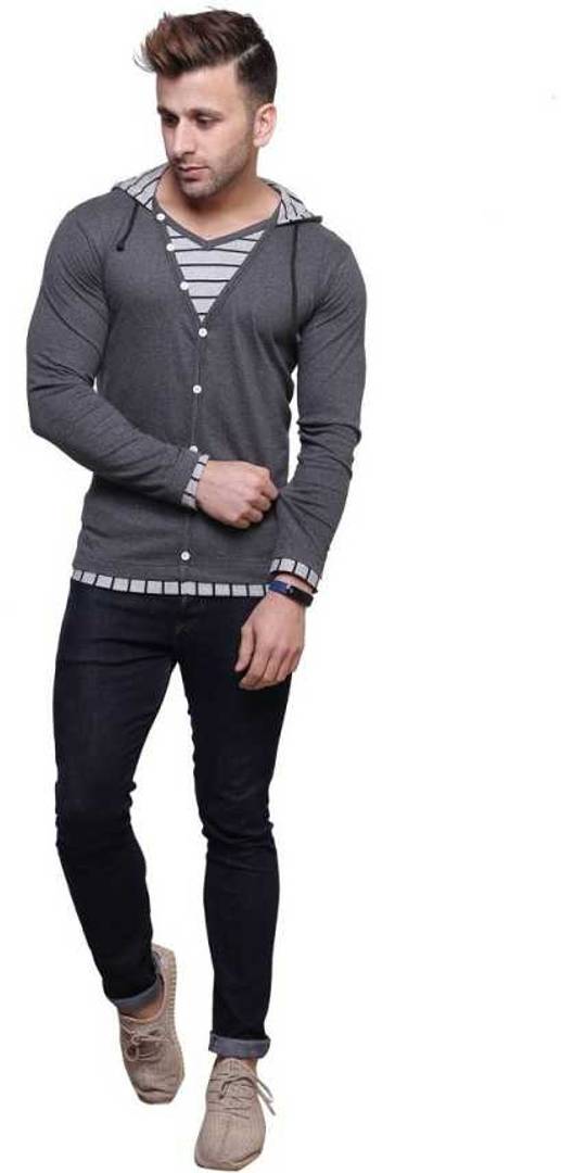 Men's Grey Cotton Solid Hooded Tees