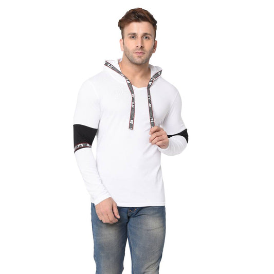 Men's White Typography Cotton Self Pattern Hooded T-Shirt