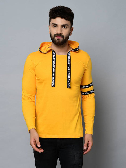 Men's Yellow Cotton Self Pattern Hooded Tees