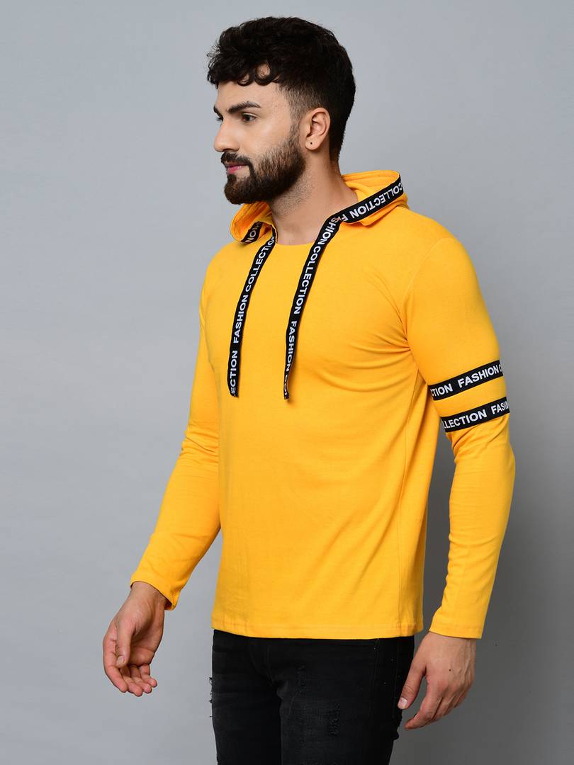 Men's Yellow Cotton Self Pattern Hooded Tees