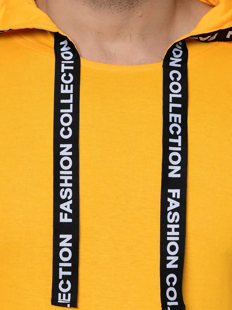 Men's Yellow Cotton Self Pattern Hooded Tees