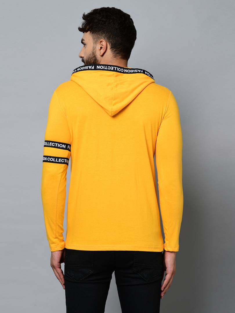 Men's Yellow Cotton Self Pattern Hooded Tees