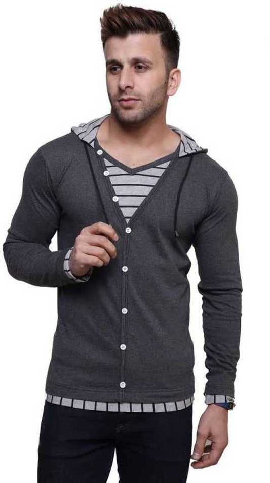 Men's Grey Cotton Solid Hooded Tees