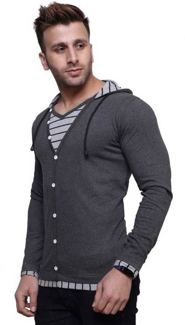 Men's Grey Cotton Solid Hooded Tees