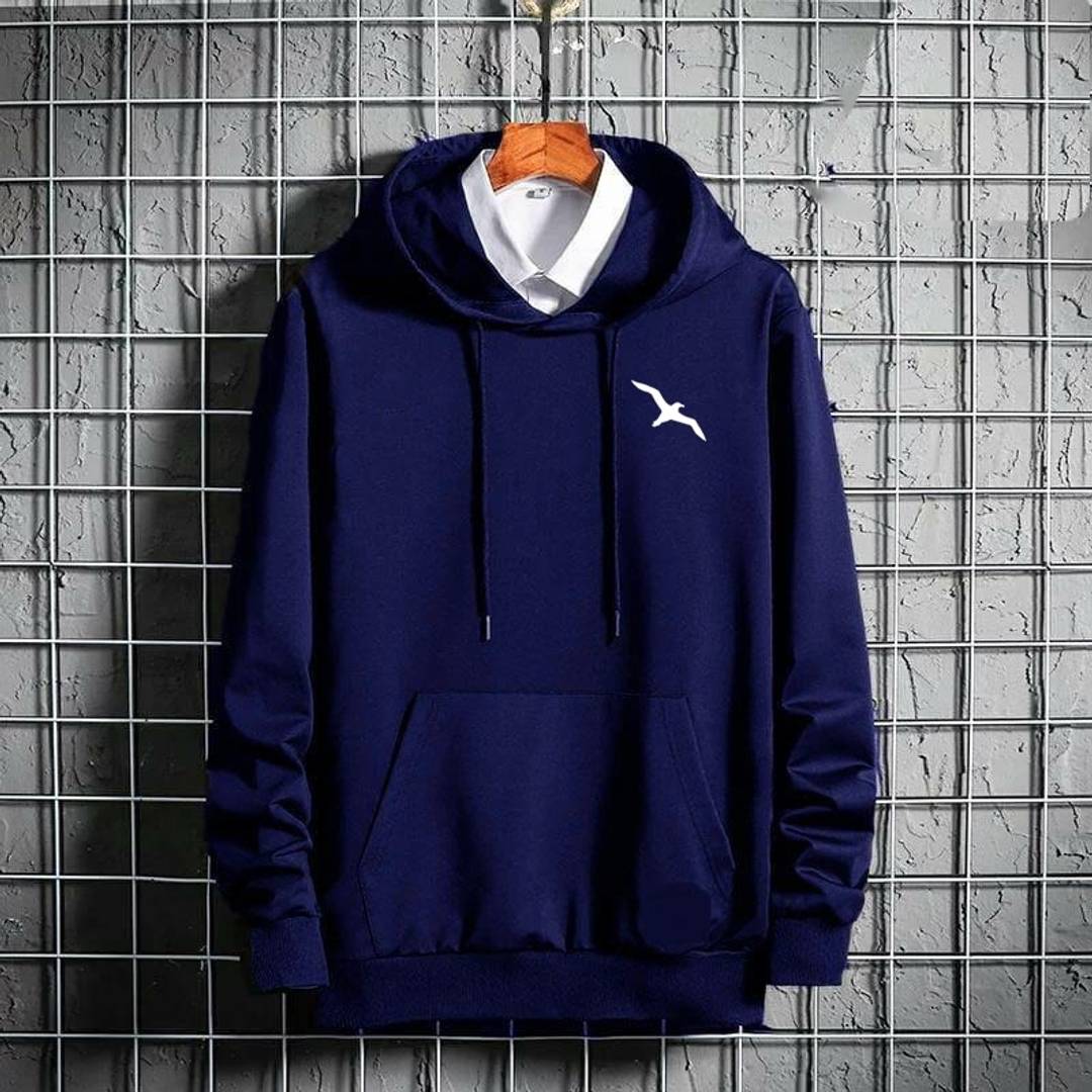 Men's Navy Blue Cotton Blend Solid  Long Sleeves Regular Hoodies