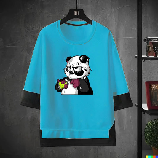 Men Printed Round Neck Light Blue T-Shirt