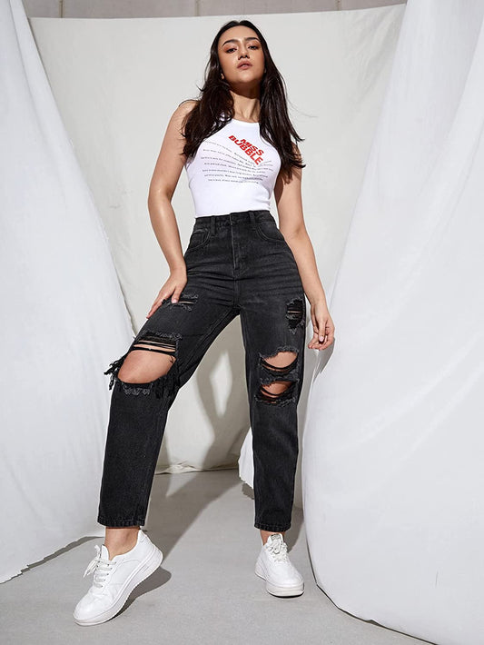 High-Rise Ripped Jeans Charcoal - SPP