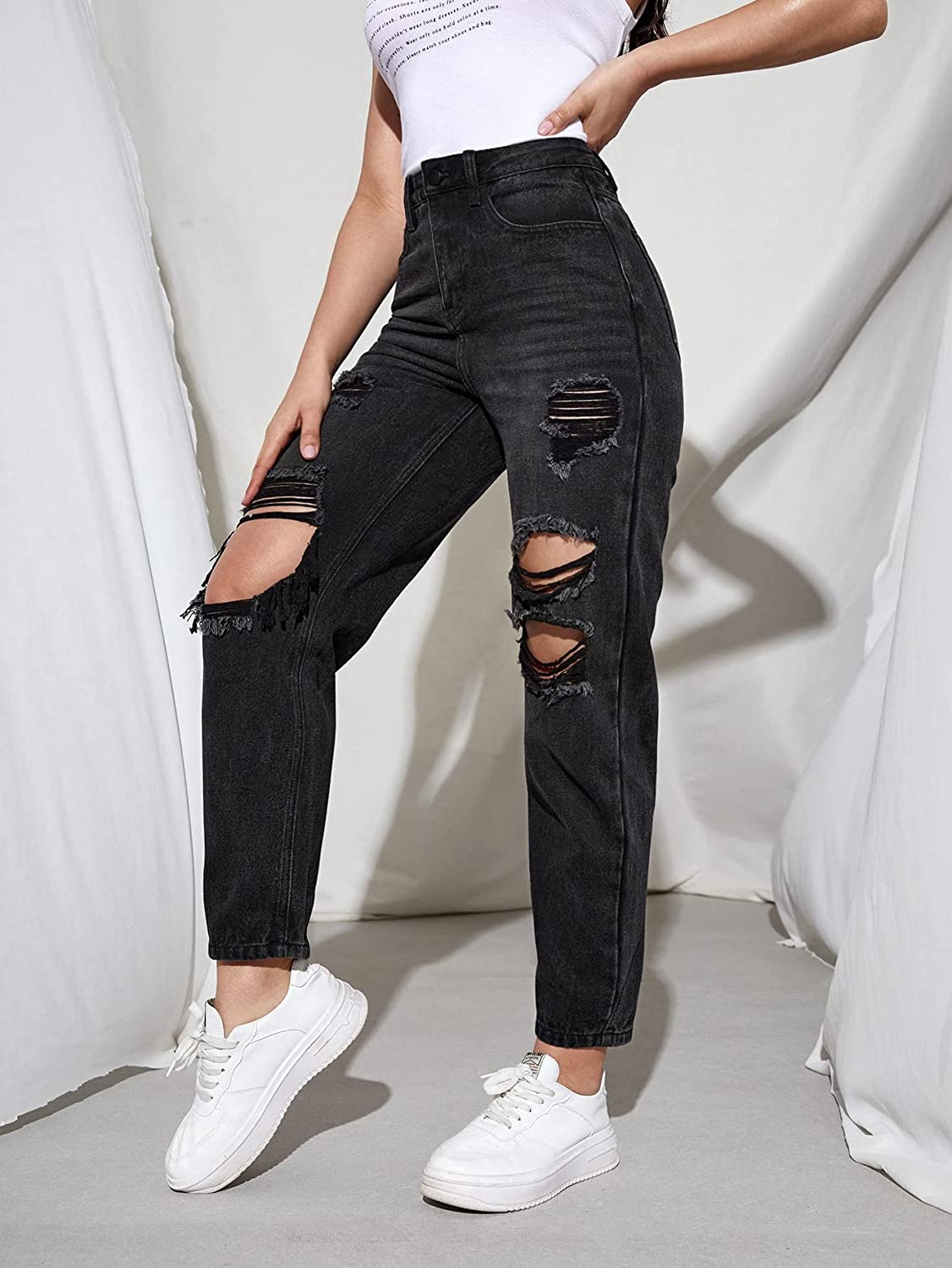 High-Rise Ripped Jeans Charcoal - SPP