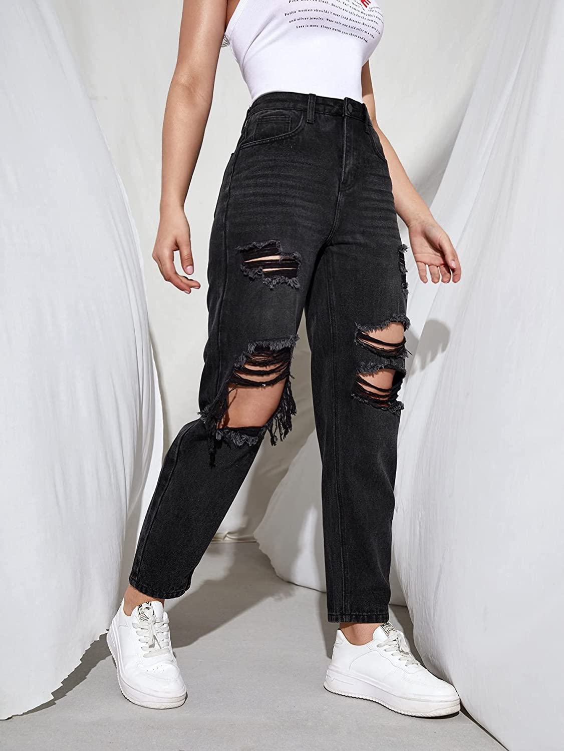 High-Rise Ripped Jeans Charcoal - SPP
