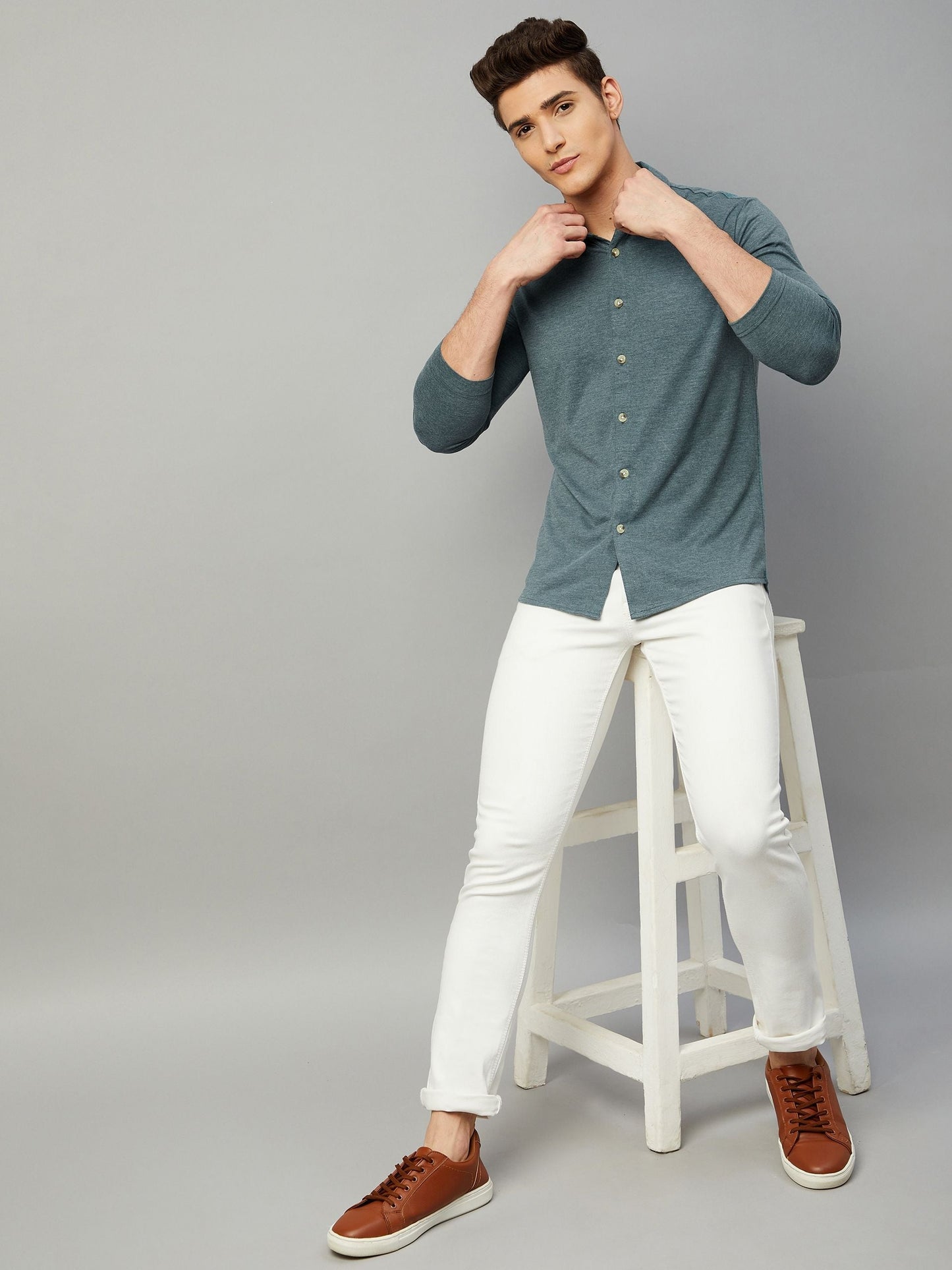 Cotton Blend Solid Full Sleeves Regular Fit Casual Shirt