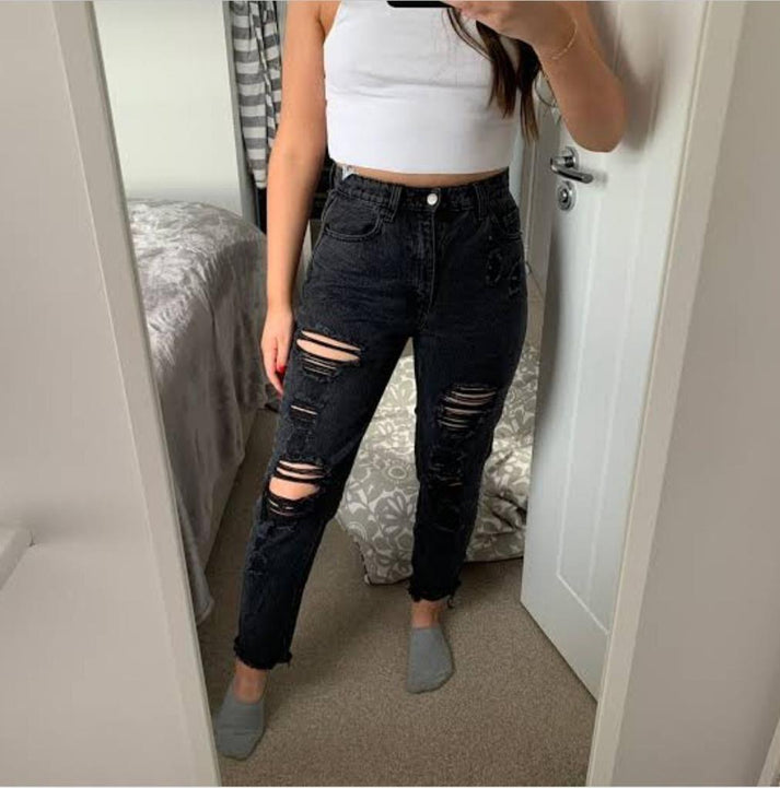 High-Rise Ripped Jeans Charcoal - SPP
